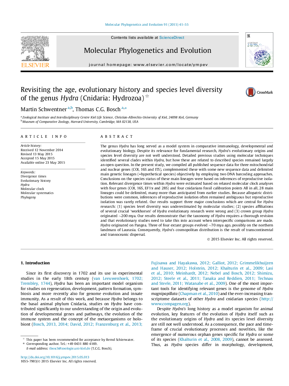 Revisiting the age, evolutionary history and species level diversity of the genus Hydra (Cnidaria: Hydrozoa) 