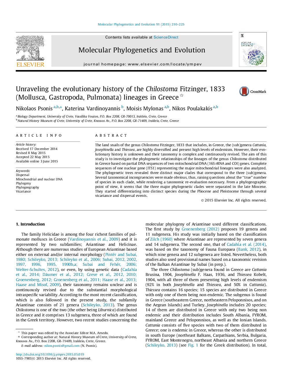 Unraveling the evolutionary history of the Chilostoma Fitzinger, 1833 (Mollusca, Gastropoda, Pulmonata) lineages in Greece 