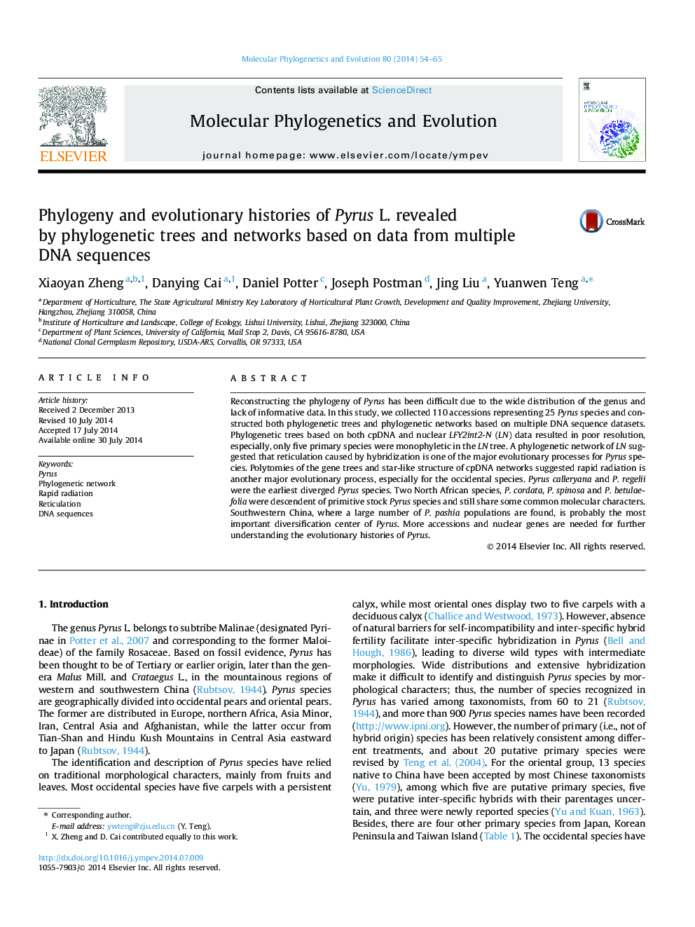 Phylogeny and evolutionary histories of Pyrus L. revealed by phylogenetic trees and networks based on data from multiple DNA sequences