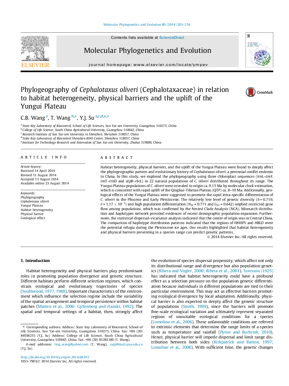 Phylogeography of Cephalotaxus oliveri (Cephalotaxaceae) in relation to habitat heterogeneity, physical barriers and the uplift of the Yungui Plateau