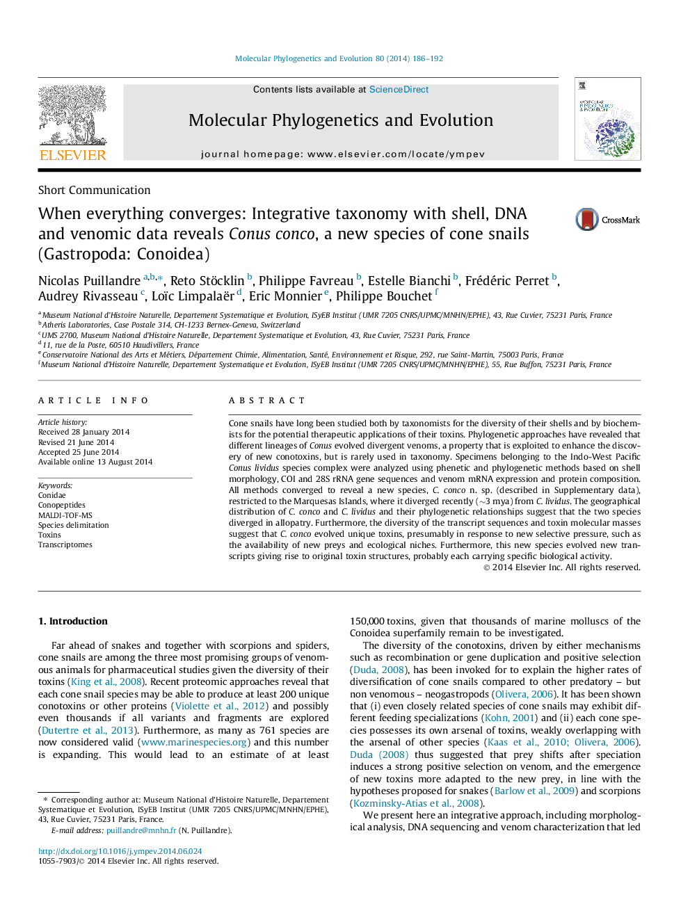 When everything converges: Integrative taxonomy with shell, DNA and venomic data reveals Conus conco, a new species of cone snails (Gastropoda: Conoidea)