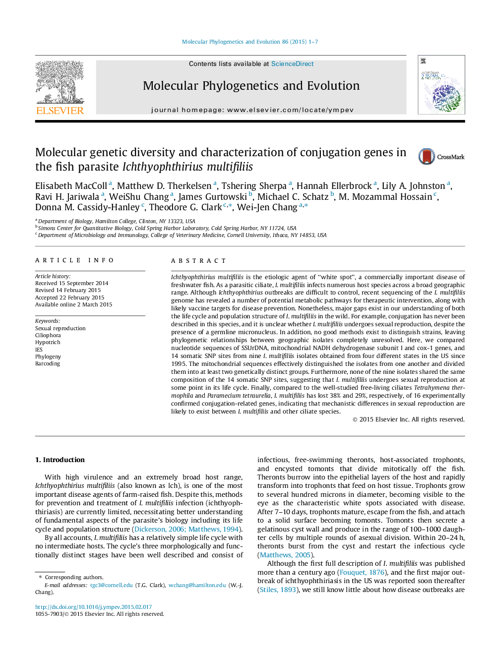 Molecular genetic diversity and characterization of conjugation genes in the fish parasite Ichthyophthirius multifiliis