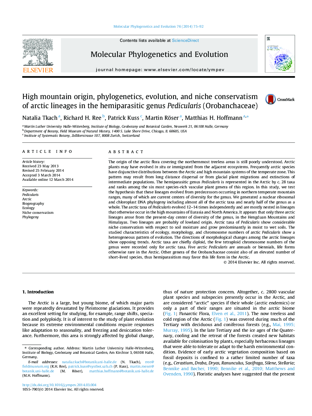 High mountain origin, phylogenetics, evolution, and niche conservatism of arctic lineages in the hemiparasitic genus Pedicularis (Orobanchaceae)