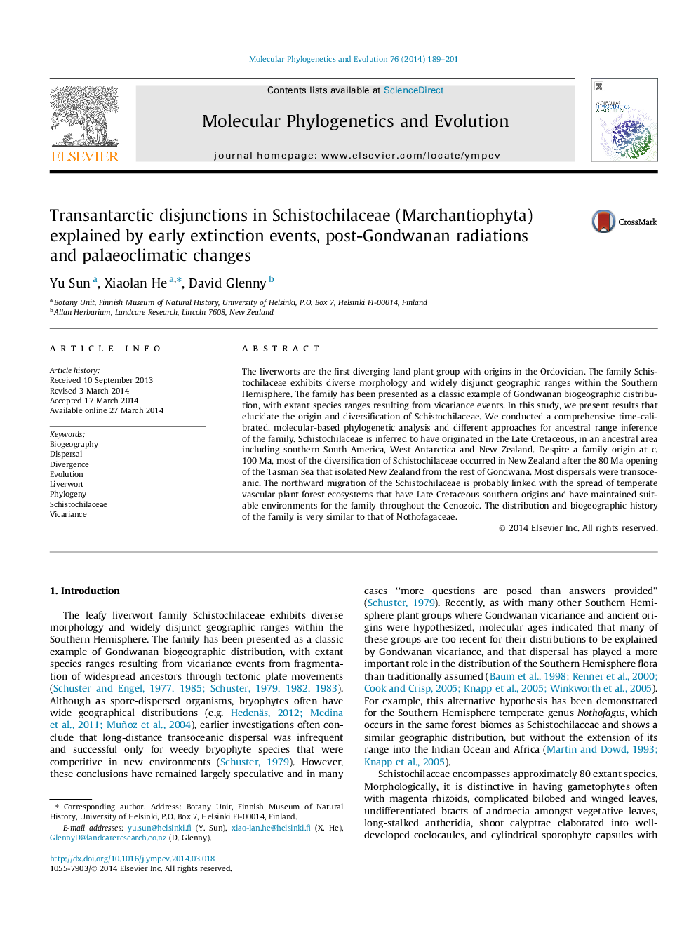 Transantarctic disjunctions in Schistochilaceae (Marchantiophyta) explained by early extinction events, post-Gondwanan radiations and palaeoclimatic changes