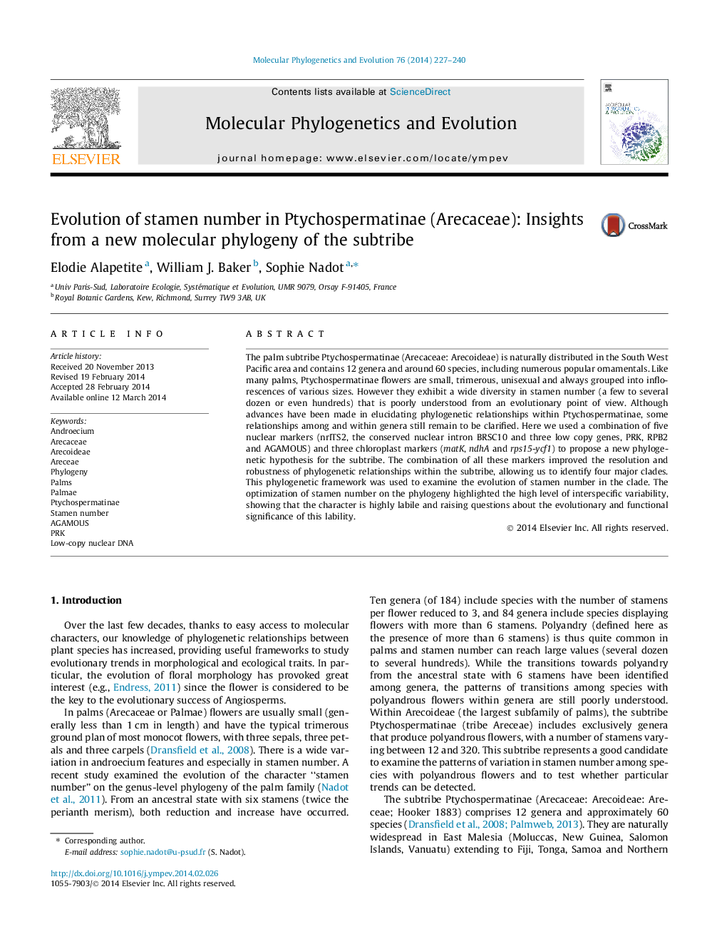 Evolution of stamen number in Ptychospermatinae (Arecaceae): Insights from a new molecular phylogeny of the subtribe