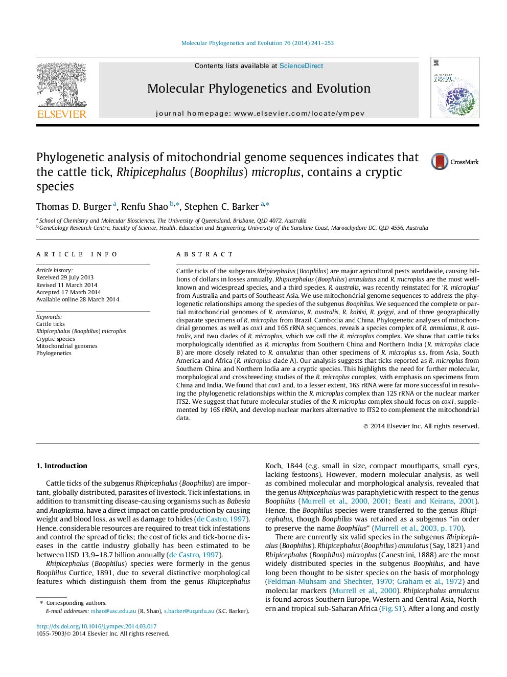 Phylogenetic analysis of mitochondrial genome sequences indicates that the cattle tick, Rhipicephalus (Boophilus) microplus, contains a cryptic species