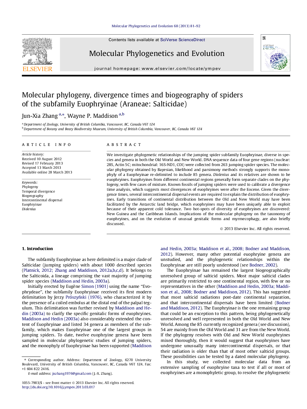 Molecular phylogeny, divergence times and biogeography of spiders of the subfamily Euophryinae (Araneae: Salticidae)