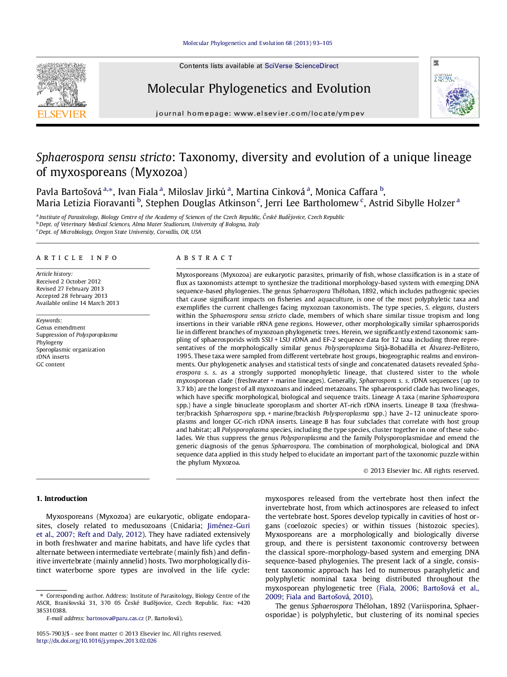 Sphaerospora sensu stricto: Taxonomy, diversity and evolution of a unique lineage of myxosporeans (Myxozoa)