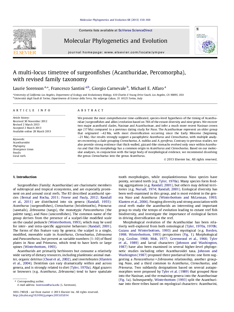 A multi-locus timetree of surgeonfishes (Acanthuridae, Percomorpha), with revised family taxonomy