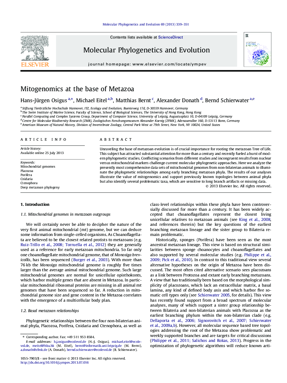 Mitogenomics at the base of Metazoa