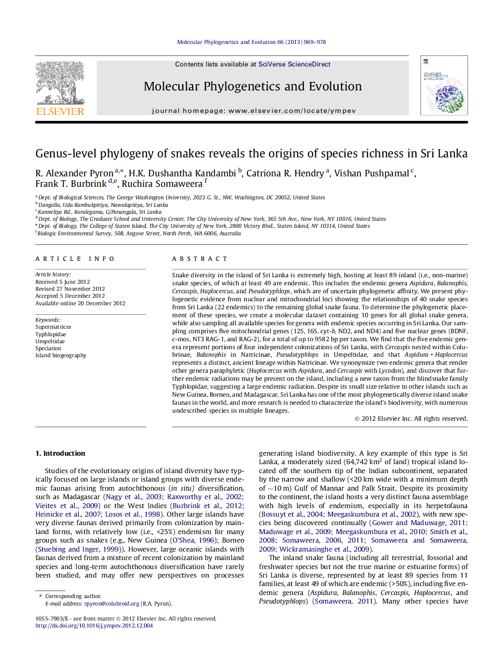 Genus-level phylogeny of snakes reveals the origins of species richness in Sri Lanka