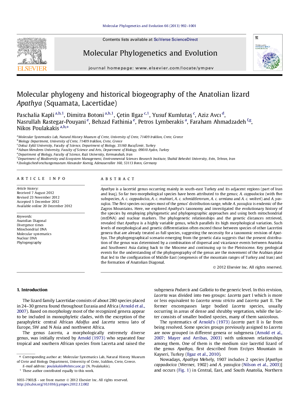 Molecular phylogeny and historical biogeography of the Anatolian lizard Apathya (Squamata, Lacertidae)