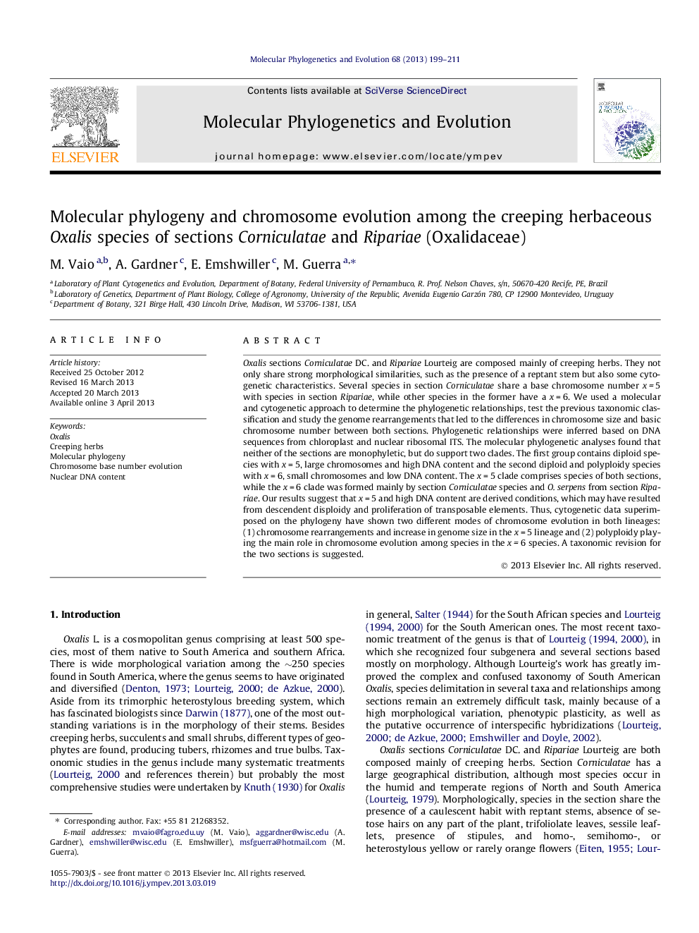 Molecular phylogeny and chromosome evolution among the creeping herbaceous Oxalis species of sections Corniculatae and Ripariae (Oxalidaceae)