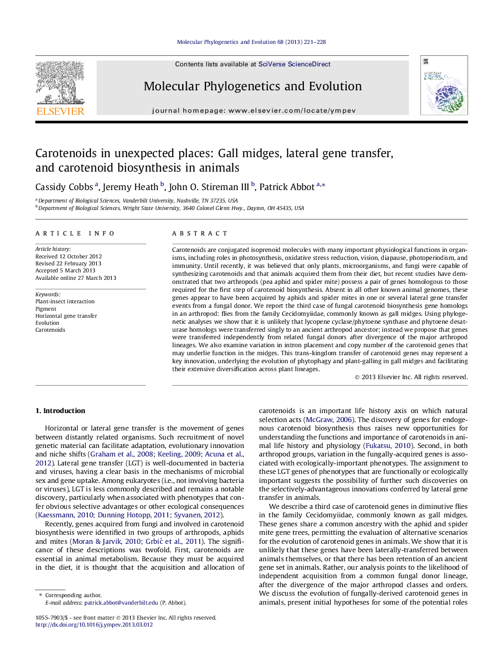 Carotenoids in unexpected places: Gall midges, lateral gene transfer, and carotenoid biosynthesis in animals