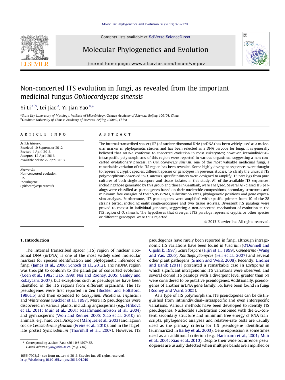 Non-concerted ITS evolution in fungi, as revealed from the important medicinal fungus Ophiocordyceps sinensis