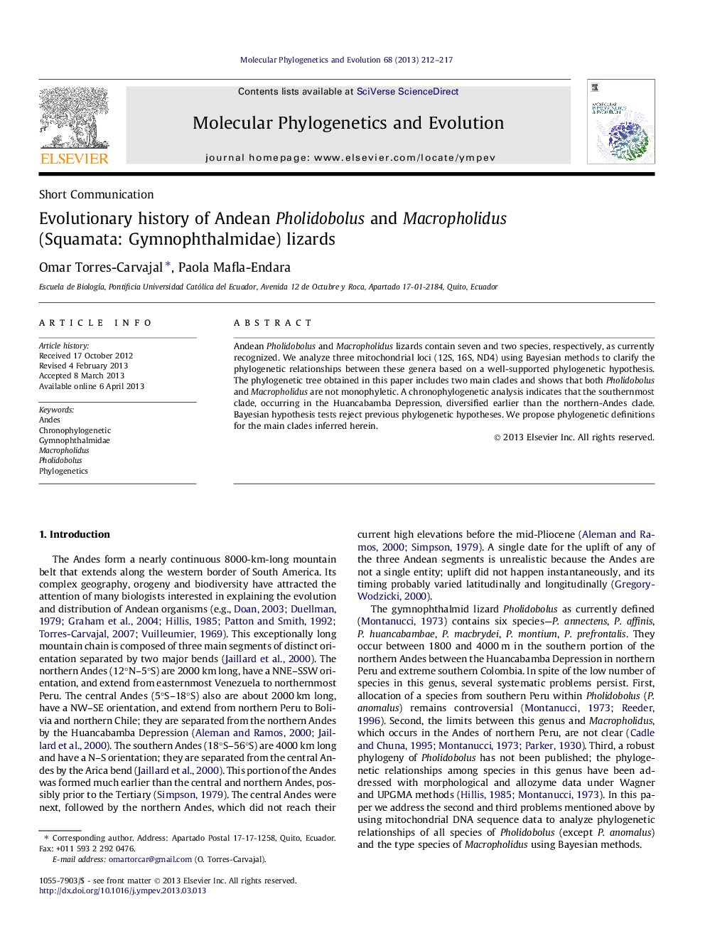 Evolutionary history of Andean Pholidobolus and Macropholidus (Squamata: Gymnophthalmidae) lizards