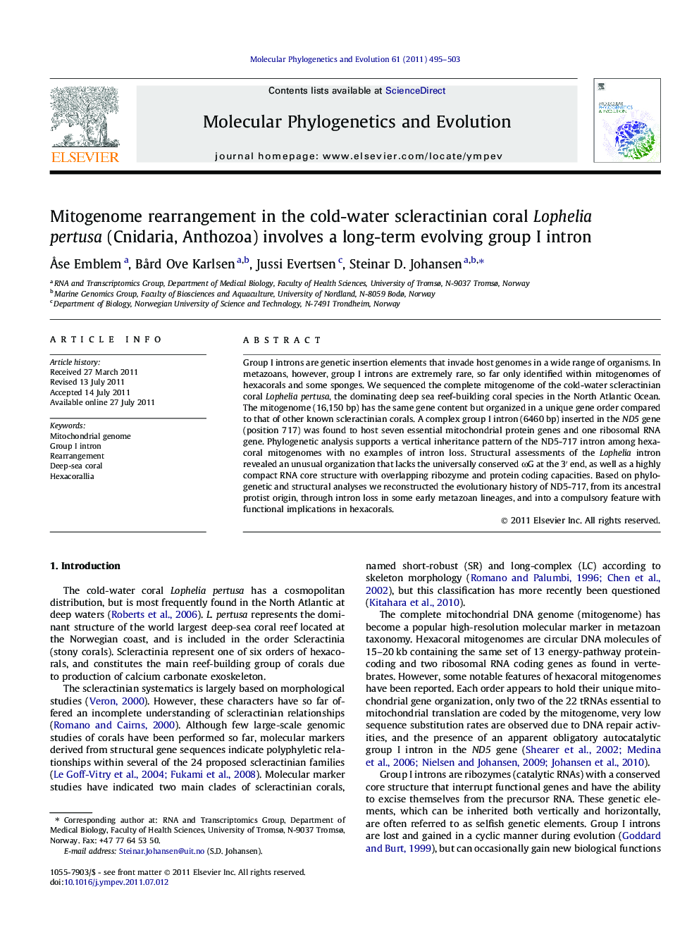 Mitogenome rearrangement in the cold-water scleractinian coral Lophelia pertusa (Cnidaria, Anthozoa) involves a long-term evolving group I intron