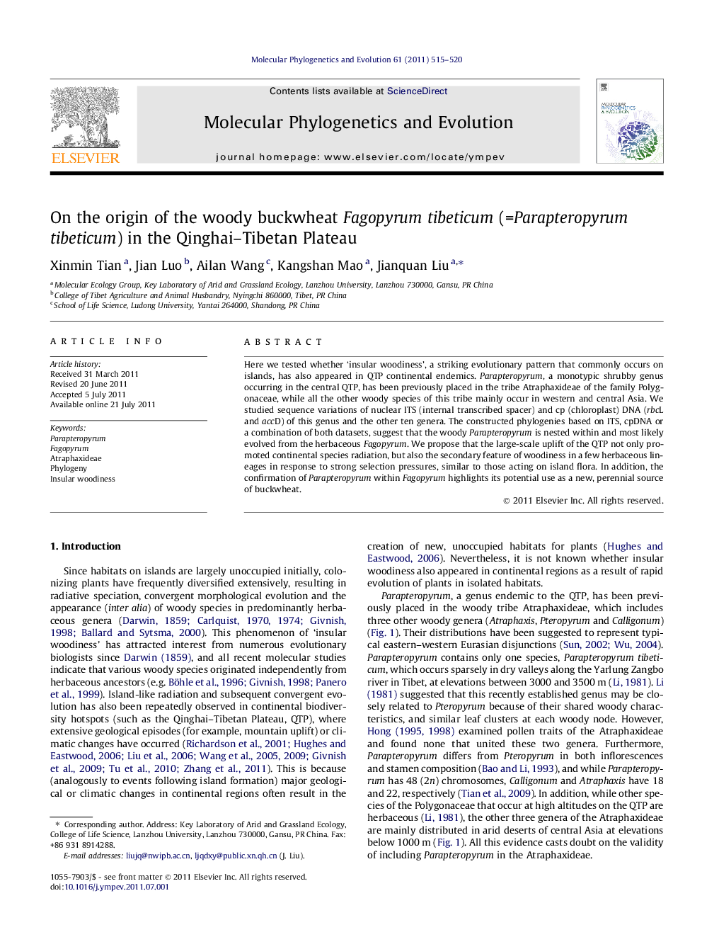 On the origin of the woody buckwheat Fagopyrum tibeticum (=Parapteropyrum tibeticum) in the Qinghai–Tibetan Plateau