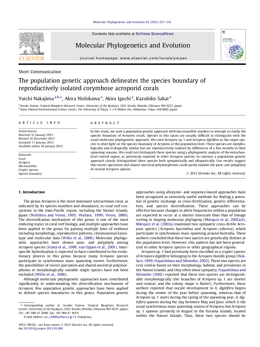 The population genetic approach delineates the species boundary of reproductively isolated corymbose acroporid corals