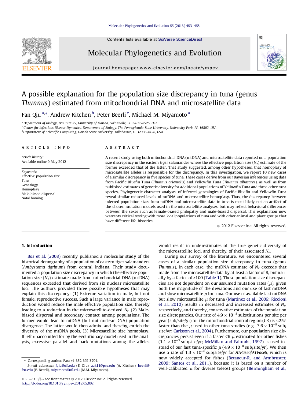 A possible explanation for the population size discrepancy in tuna (genus Thunnus) estimated from mitochondrial DNA and microsatellite data