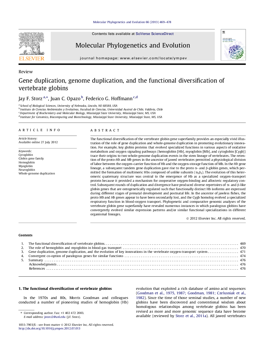 Gene duplication, genome duplication, and the functional diversification of vertebrate globins