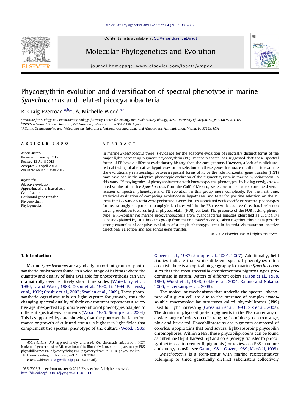 Phycoerythrin evolution and diversification of spectral phenotype in marine Synechococcus and related picocyanobacteria