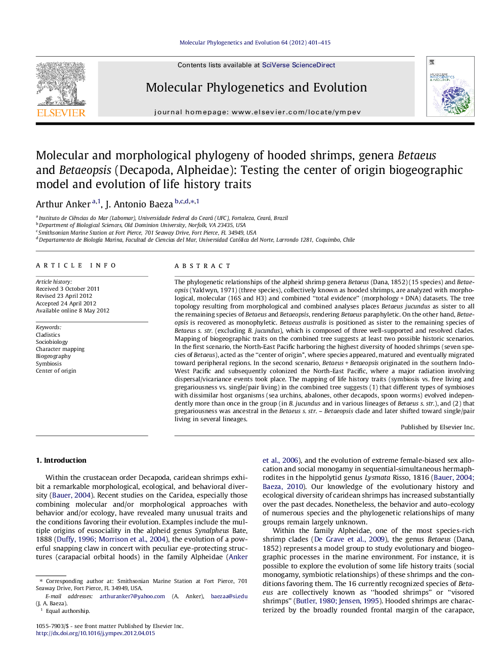 Molecular and morphological phylogeny of hooded shrimps, genera Betaeus and Betaeopsis (Decapoda, Alpheidae): Testing the center of origin biogeographic model and evolution of life history traits