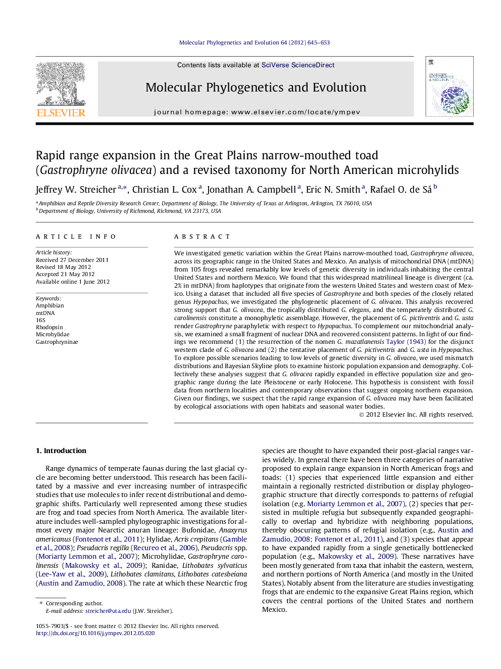 Rapid range expansion in the Great Plains narrow-mouthed toad (Gastrophryne olivacea) and a revised taxonomy for North American microhylids