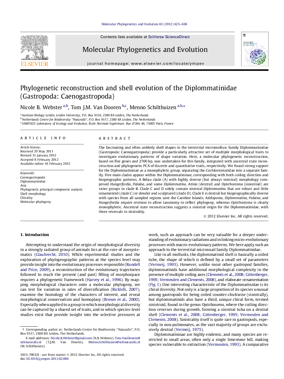 Phylogenetic reconstruction and shell evolution of the Diplommatinidae (Gastropoda: Caenogastropoda)