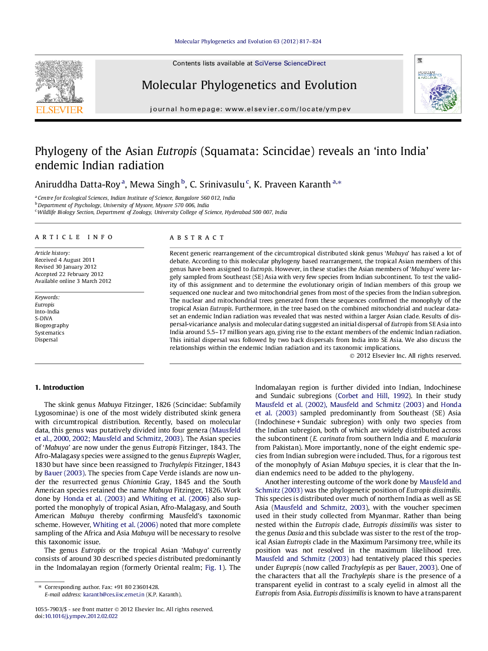 Phylogeny of the Asian Eutropis (Squamata: Scincidae) reveals an ‘into India’ endemic Indian radiation