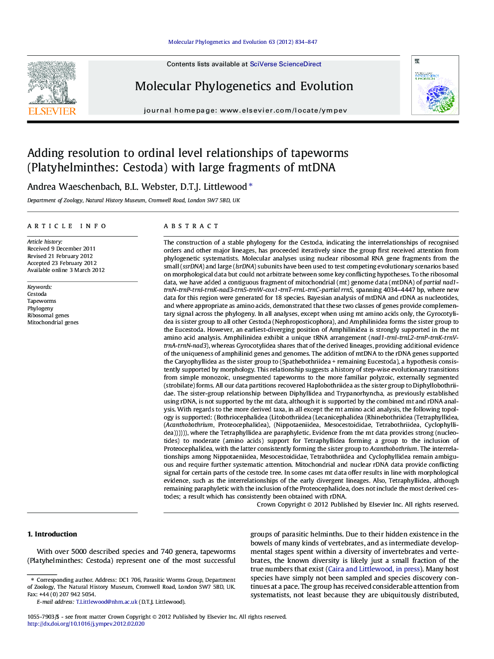 Adding resolution to ordinal level relationships of tapeworms (Platyhelminthes: Cestoda) with large fragments of mtDNA