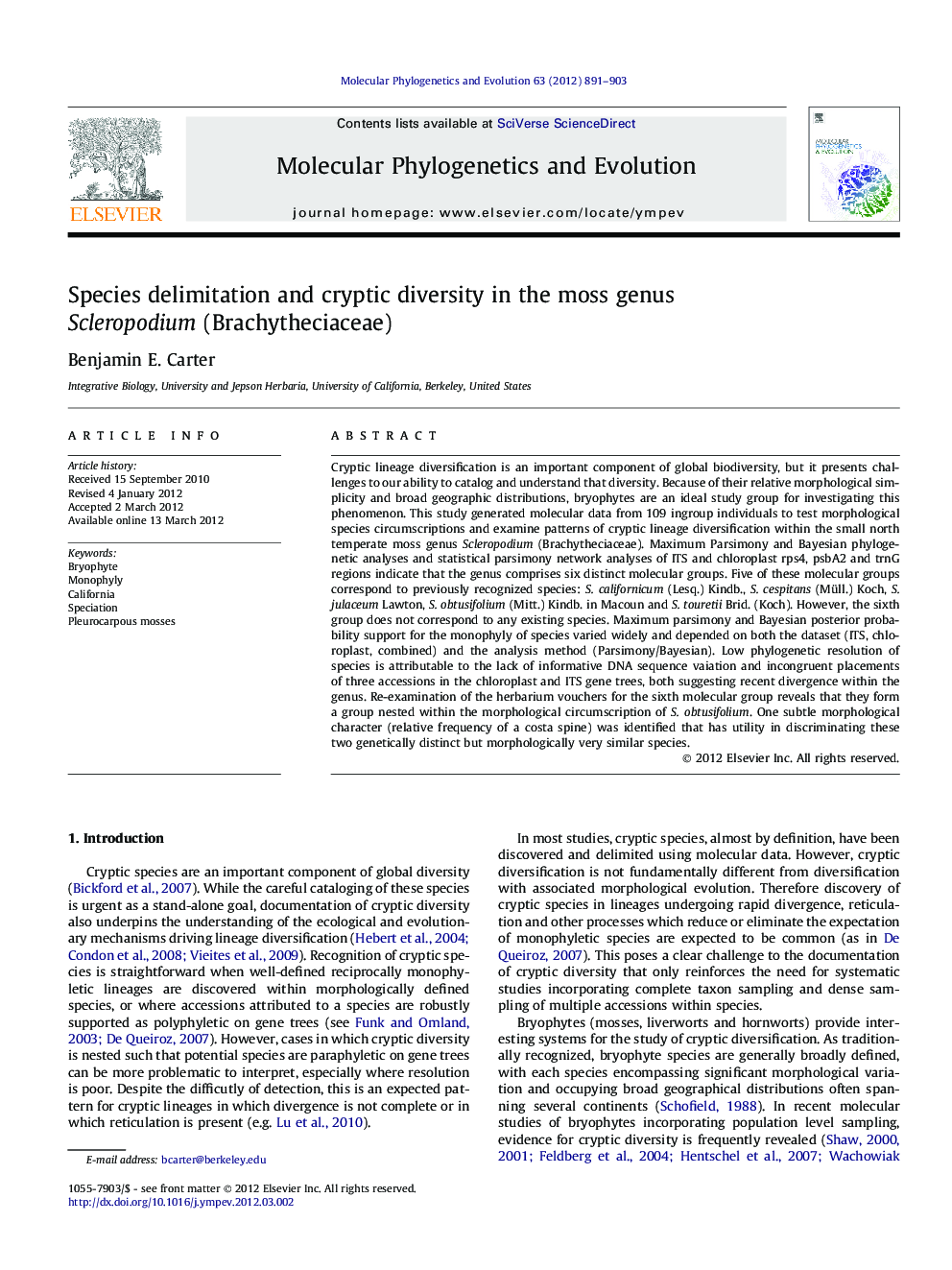 Species delimitation and cryptic diversity in the moss genus Scleropodium (Brachytheciaceae)