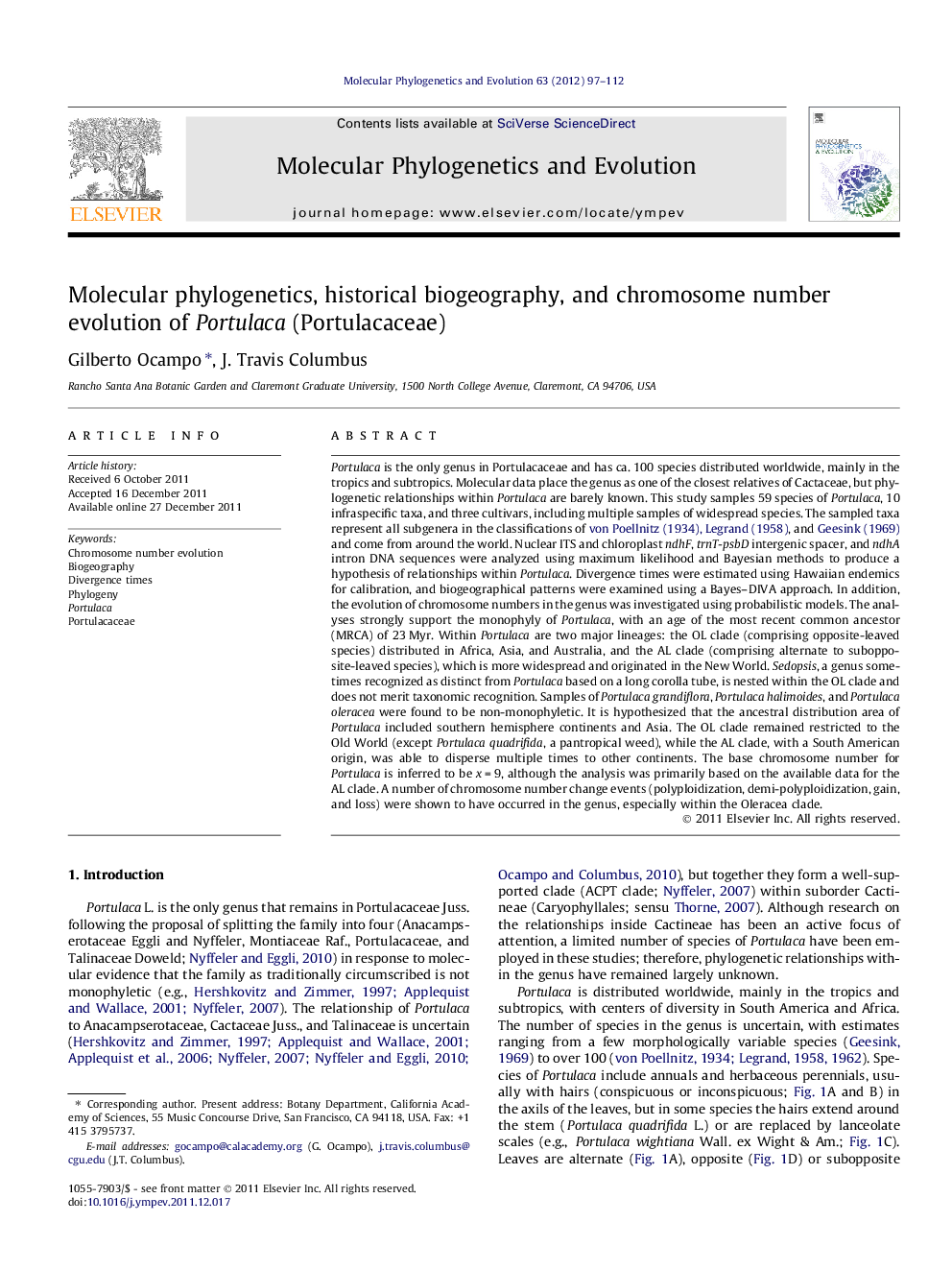 Molecular phylogenetics, historical biogeography, and chromosome number evolution of Portulaca (Portulacaceae)