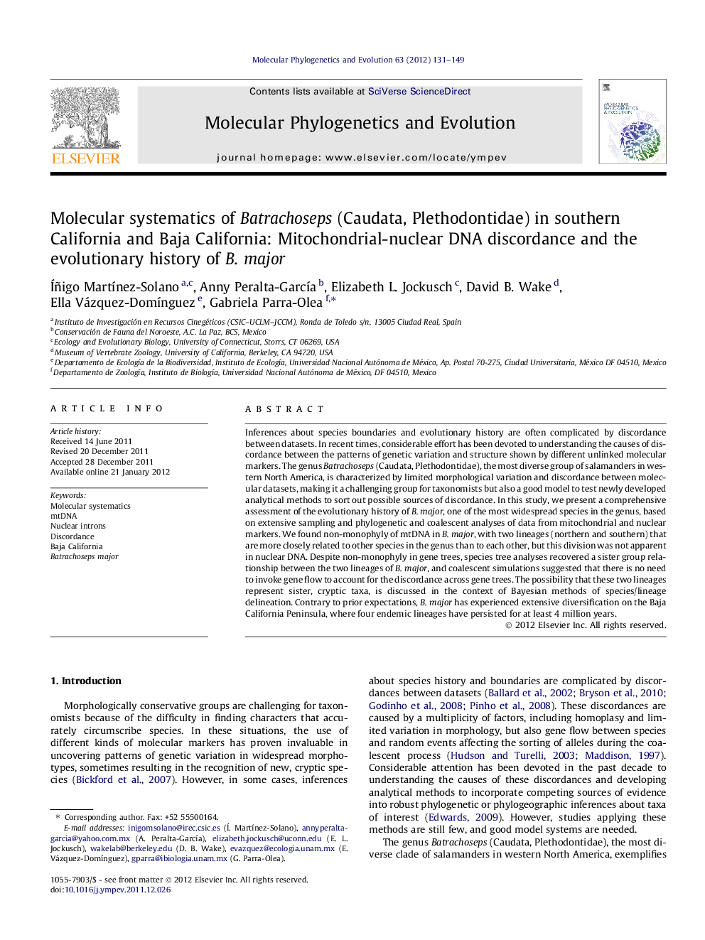 Molecular systematics of Batrachoseps (Caudata, Plethodontidae) in southern California and Baja California: Mitochondrial-nuclear DNA discordance and the evolutionary history of B. major