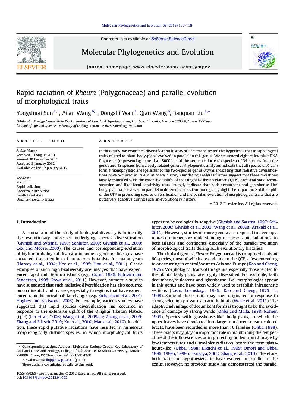 Rapid radiation of Rheum (Polygonaceae) and parallel evolution of morphological traits