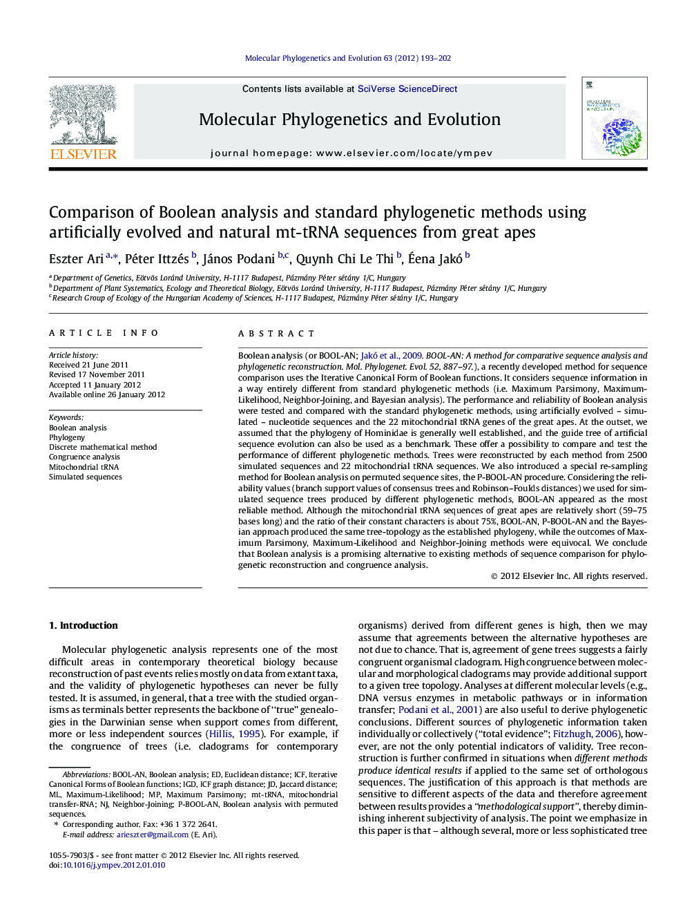 Comparison of Boolean analysis and standard phylogenetic methods using artificially evolved and natural mt-tRNA sequences from great apes