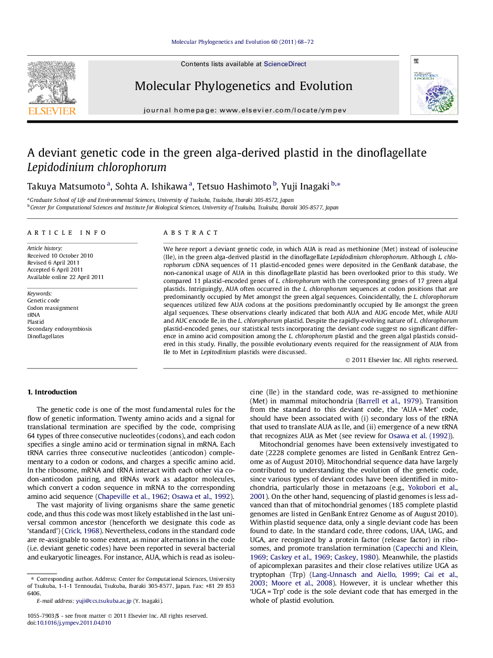 A deviant genetic code in the green alga-derived plastid in the dinoflagellate Lepidodinium chlorophorum