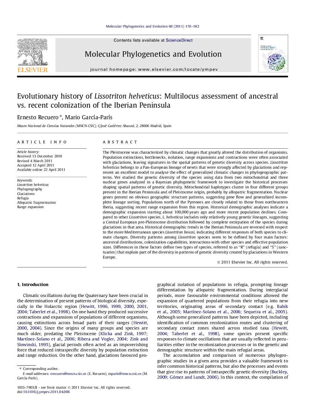 Evolutionary history of Lissotriton helveticus: Multilocus assessment of ancestral vs. recent colonization of the Iberian Peninsula