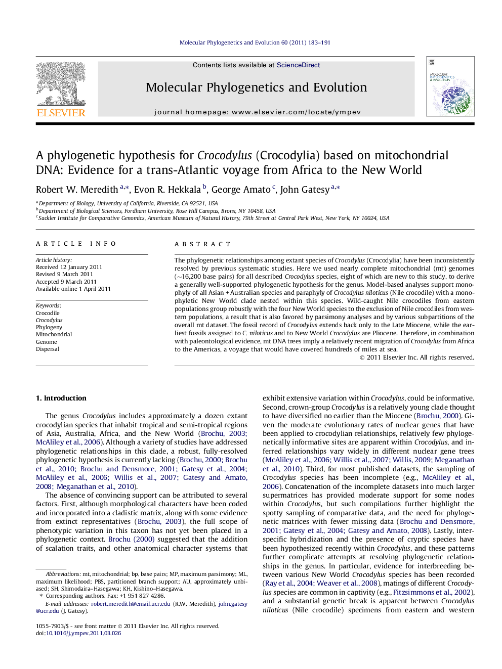 A phylogenetic hypothesis for Crocodylus (Crocodylia) based on mitochondrial DNA: Evidence for a trans-Atlantic voyage from Africa to the New World