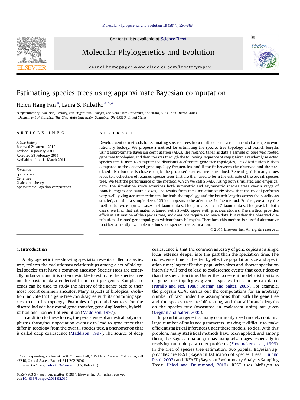 Estimating species trees using approximate Bayesian computation