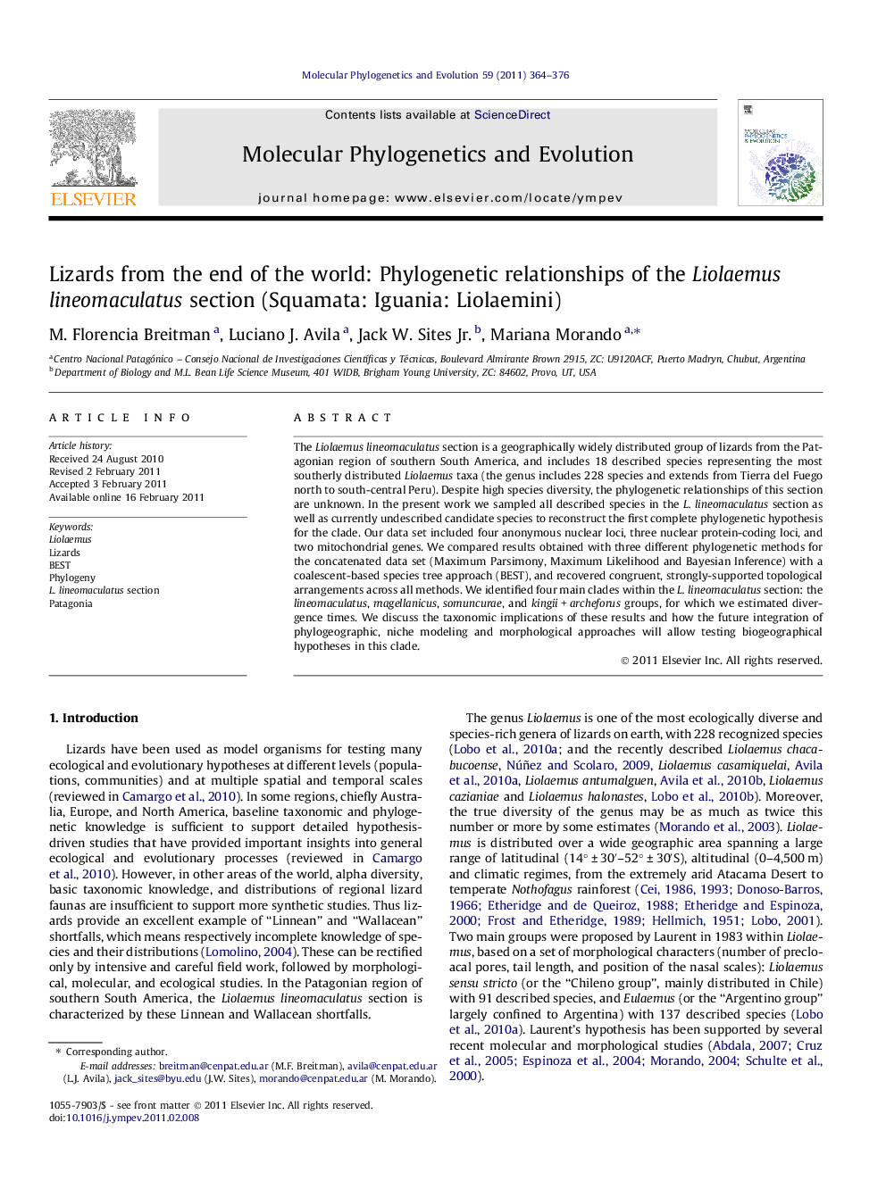 Lizards from the end of the world: Phylogenetic relationships of the Liolaemus lineomaculatus section (Squamata: Iguania: Liolaemini)