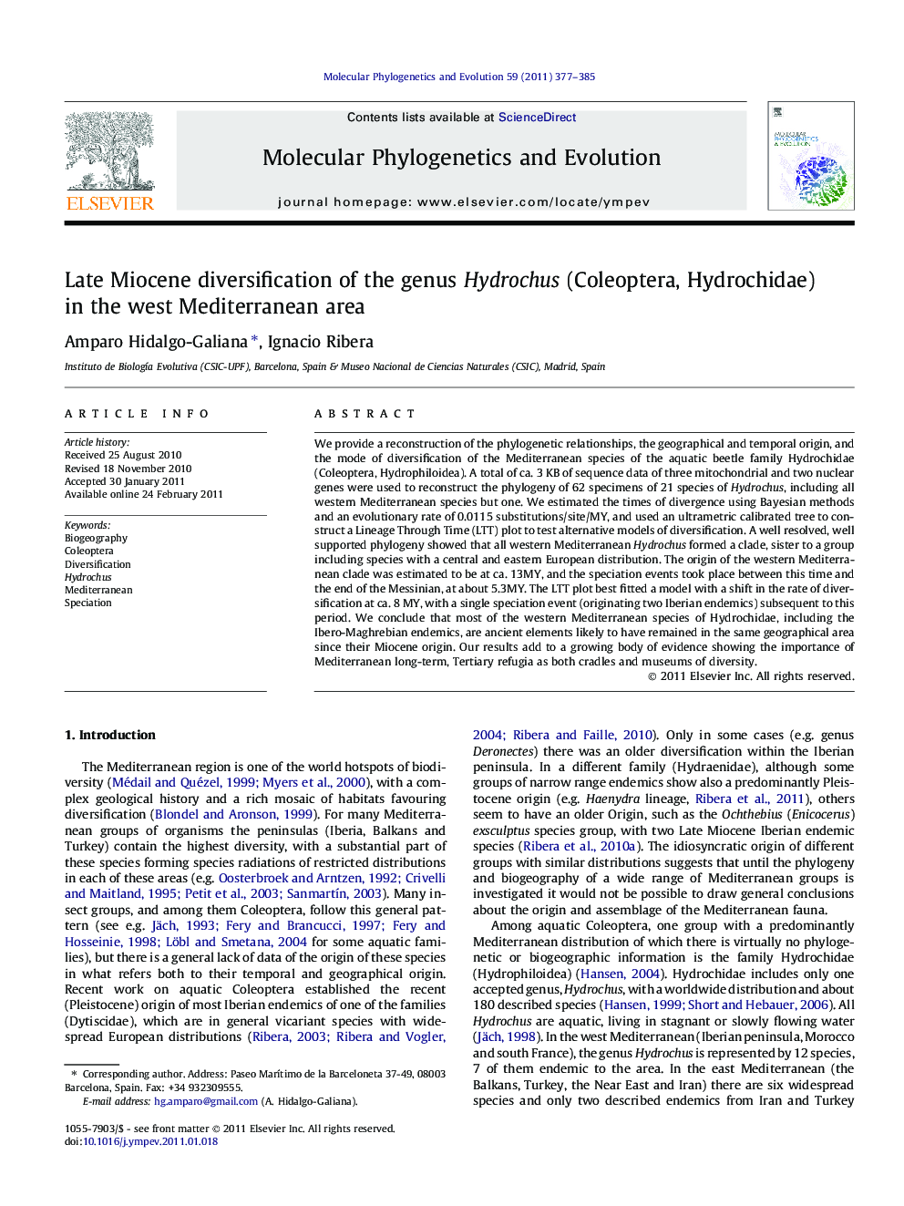 Late Miocene diversification of the genus Hydrochus (Coleoptera, Hydrochidae) in the west Mediterranean area