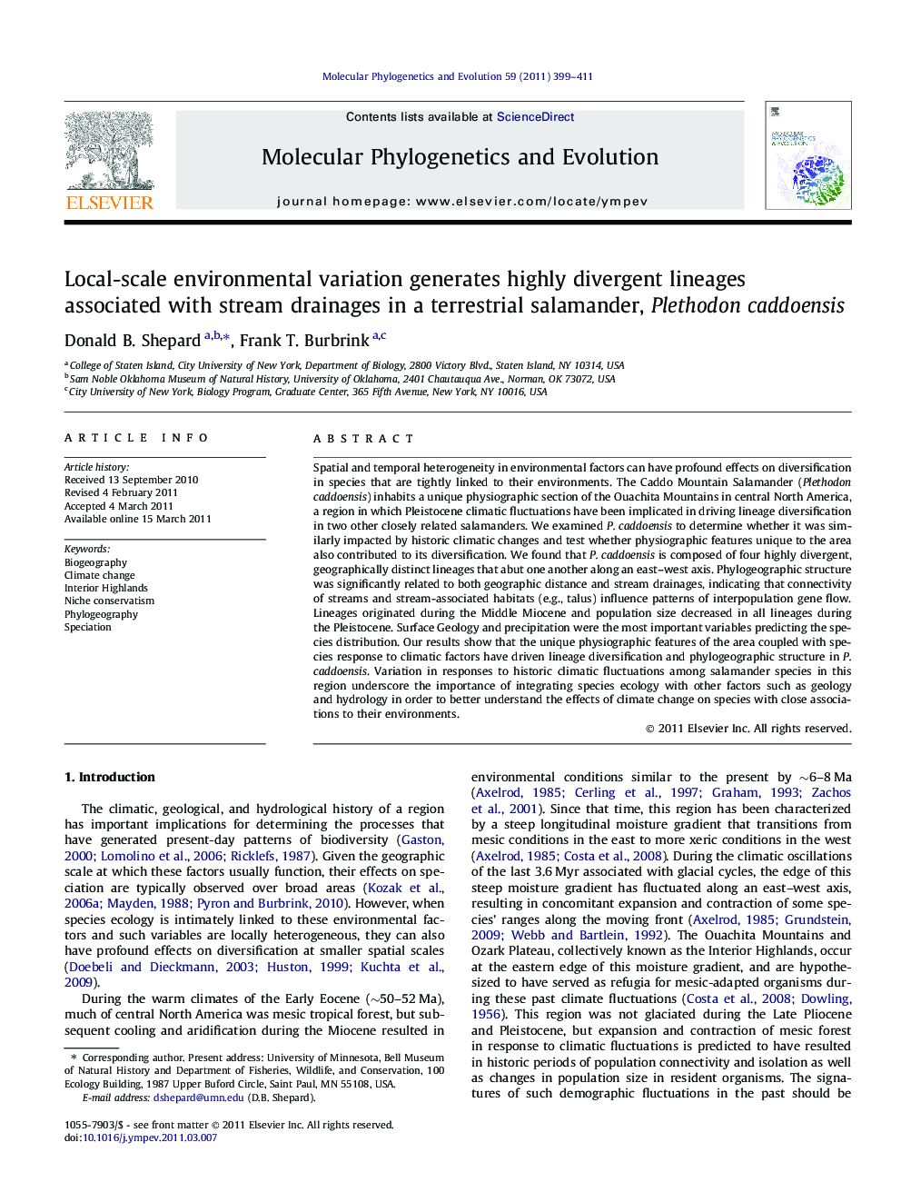 Local-scale environmental variation generates highly divergent lineages associated with stream drainages in a terrestrial salamander, Plethodon caddoensis