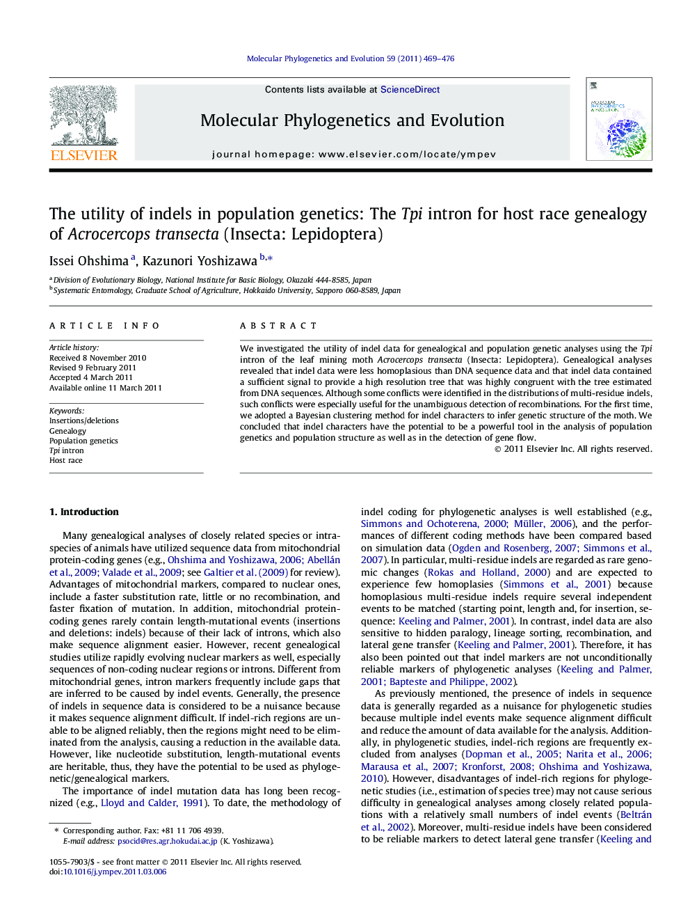 The utility of indels in population genetics: The Tpi intron for host race genealogy of Acrocercops transecta (Insecta: Lepidoptera)