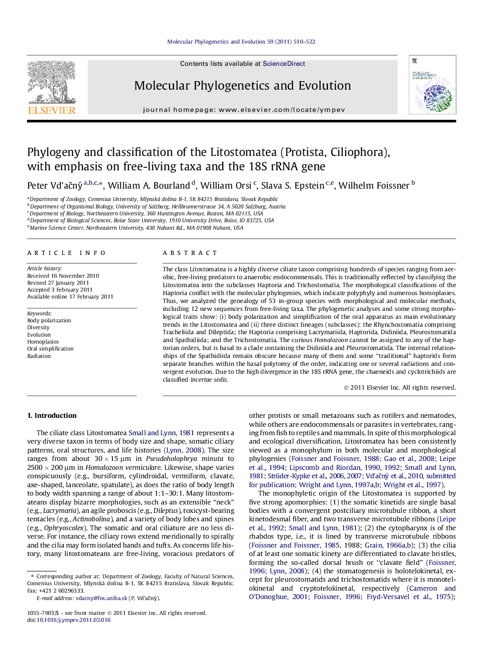Phylogeny and classification of the Litostomatea (Protista, Ciliophora), with emphasis on free-living taxa and the 18S rRNA gene