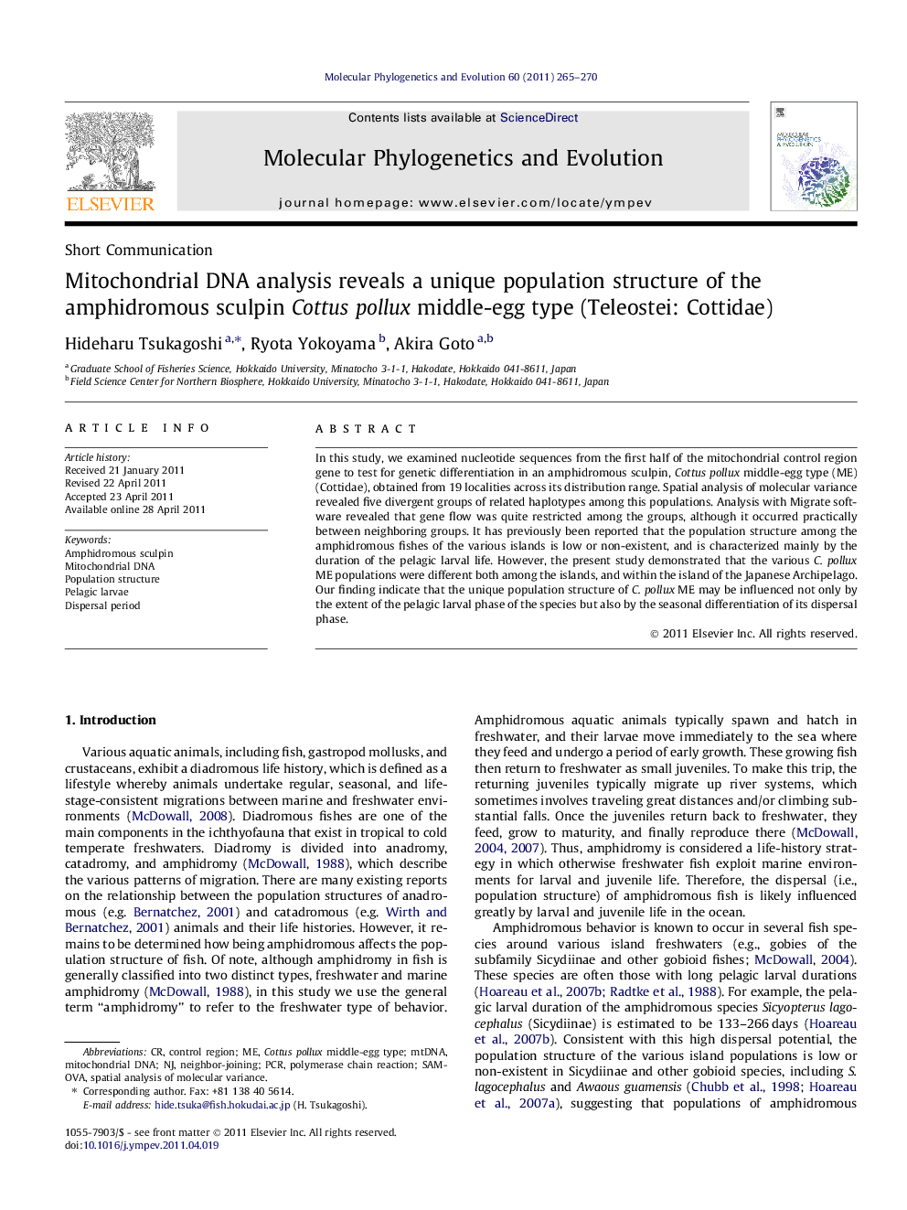 Mitochondrial DNA analysis reveals a unique population structure of the amphidromous sculpin Cottus pollux middle-egg type (Teleostei: Cottidae)