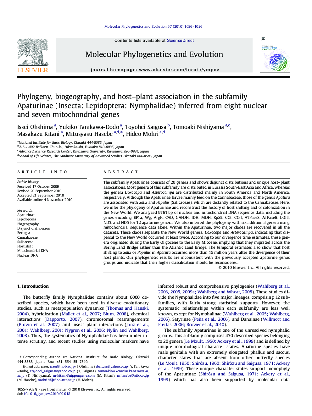 Phylogeny, biogeography, and host–plant association in the subfamily Apaturinae (Insecta: Lepidoptera: Nymphalidae) inferred from eight nuclear and seven mitochondrial genes