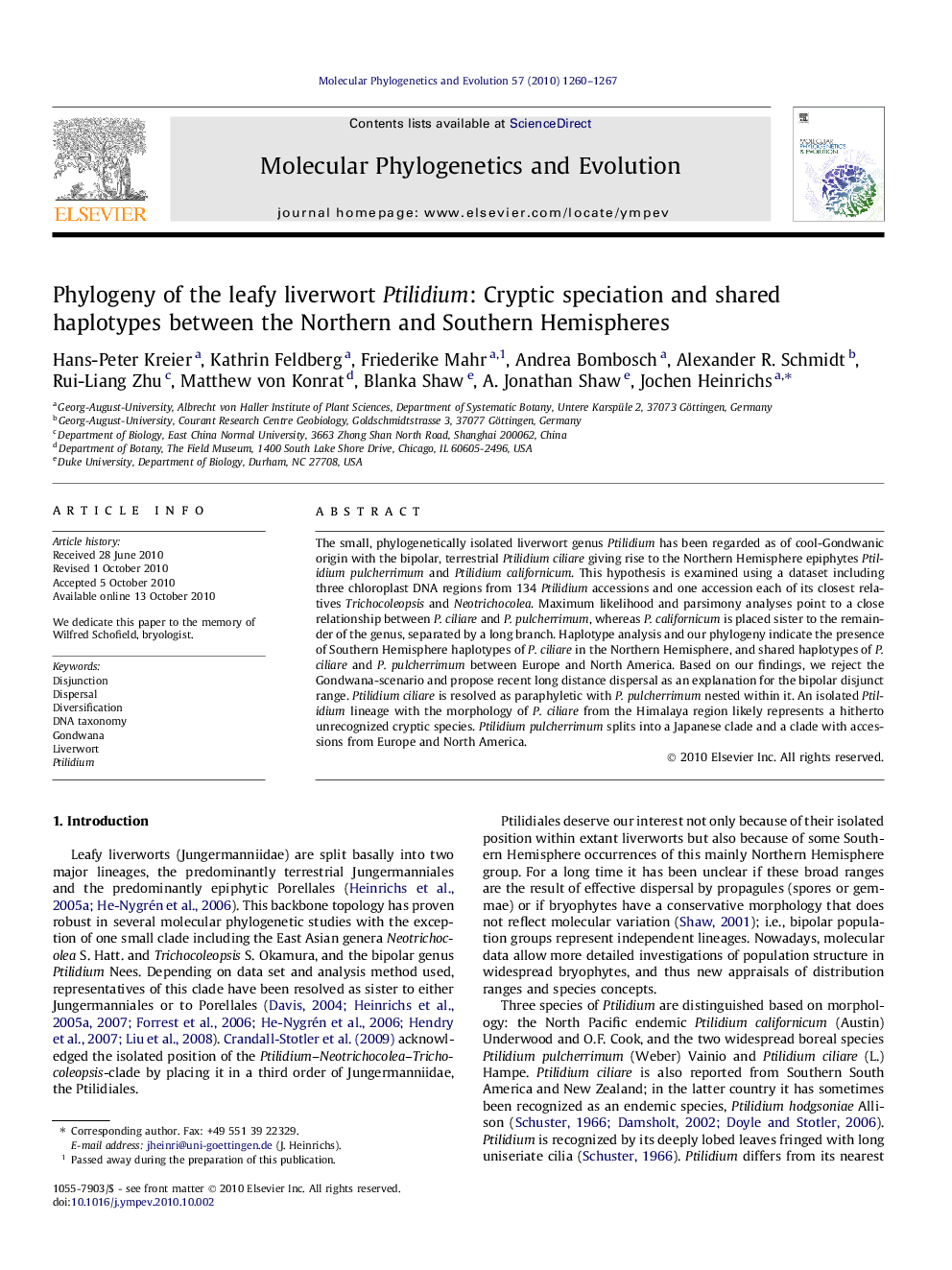 Phylogeny of the leafy liverwort Ptilidium: Cryptic speciation and shared haplotypes between the Northern and Southern Hemispheres