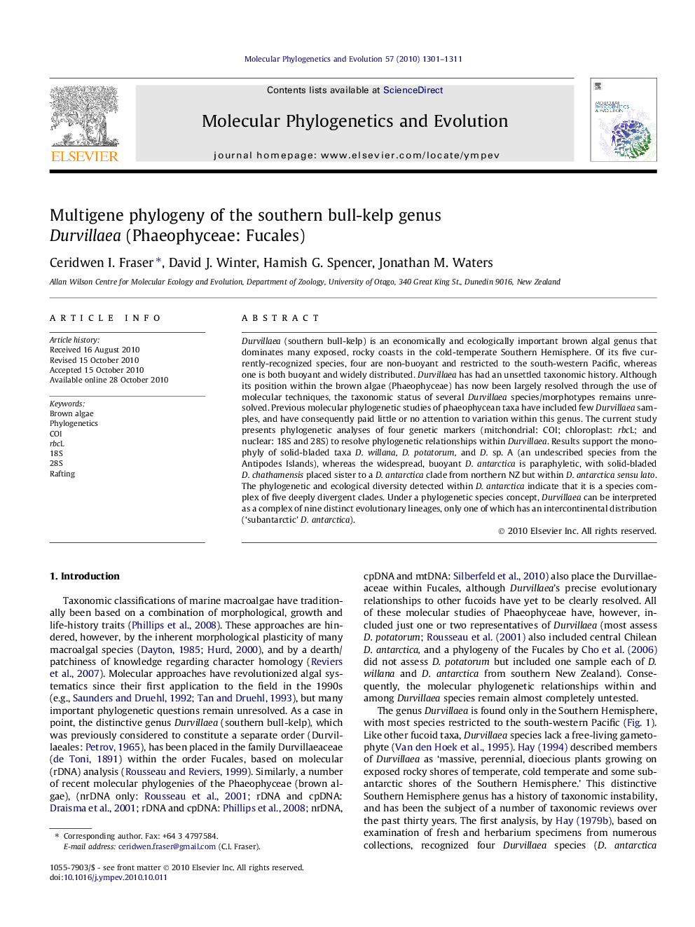 Multigene phylogeny of the southern bull-kelp genus Durvillaea (Phaeophyceae: Fucales)