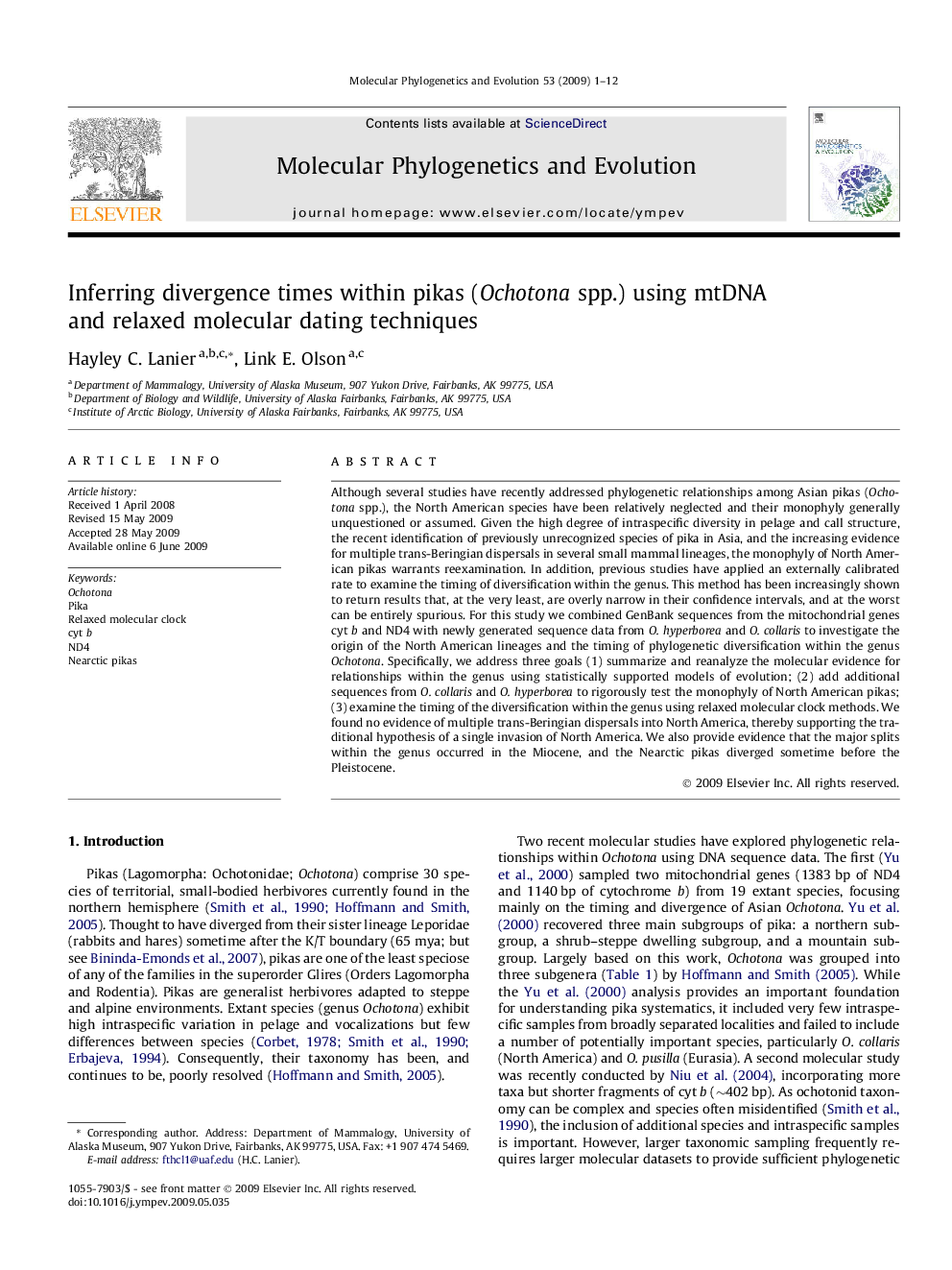 Inferring divergence times within pikas (Ochotona spp.) using mtDNA and relaxed molecular dating techniques